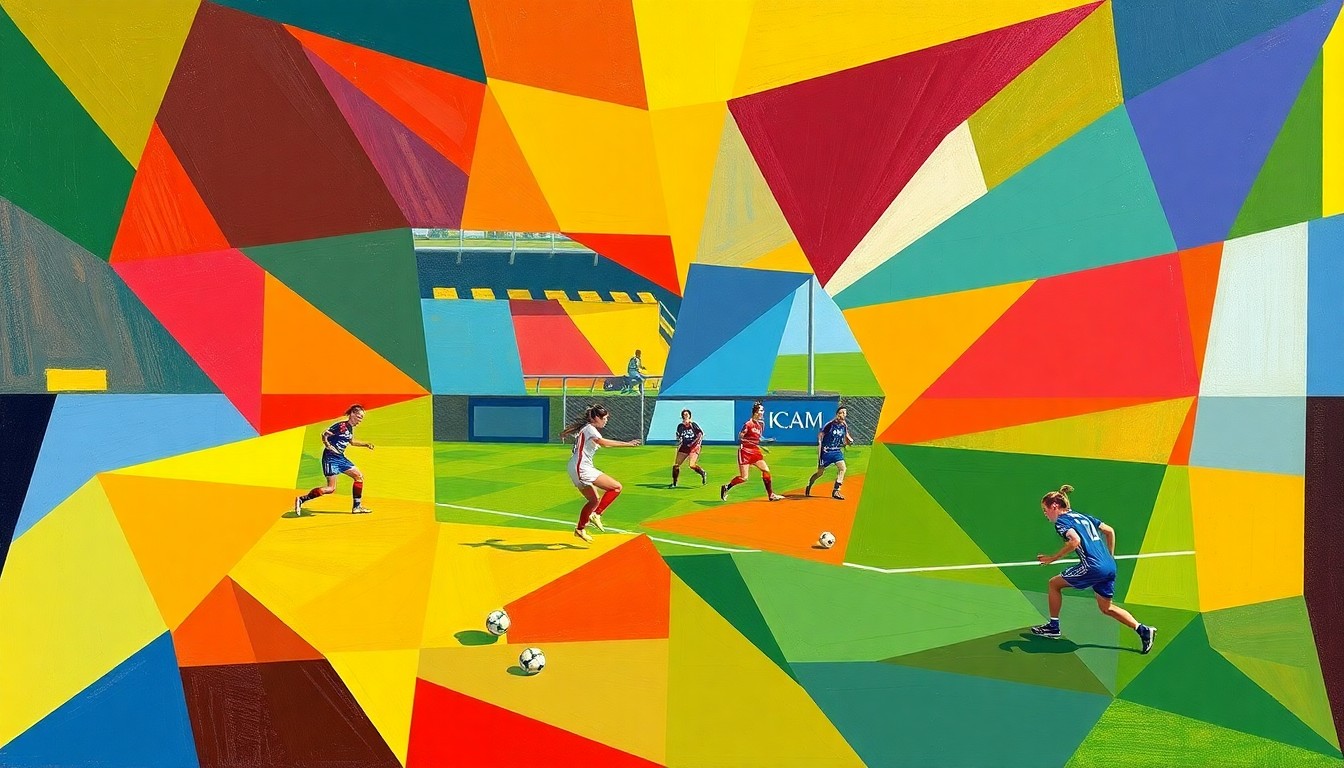 A cubist-style painting featuring overlapping geometric shapes and planes in the Kansas City Current's team colors, representing the dynamic movement and action of a women's soccer match or training session.