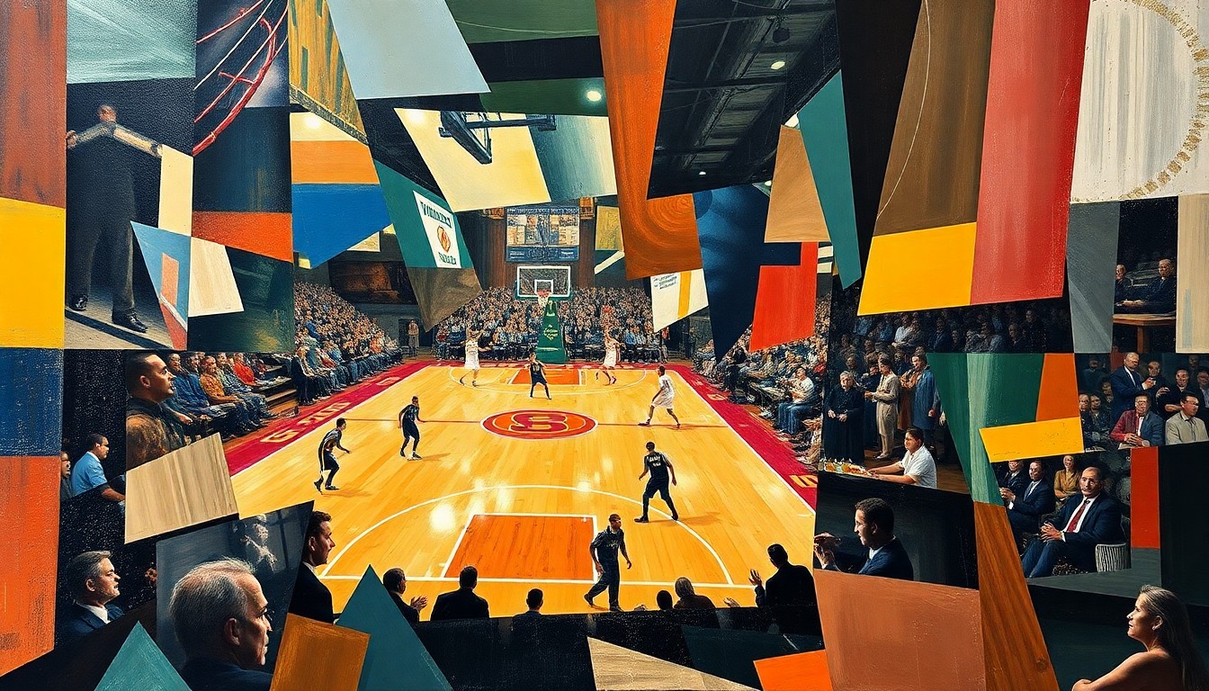 A cubist-style painting depicting a basketball game or match, with the players and court broken down into sharp, overlapping geometric shapes and planes in a variety of colors, capturing the dynamic energy and movement of the sport.