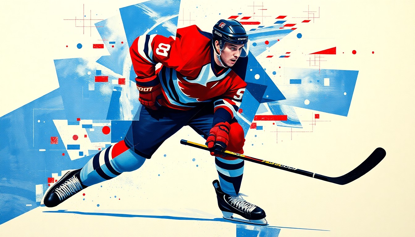 A fractured, cubist-style painting depicting the abstract, geometric forms of a hockey defenseman in action, with sharp planes of deep blues, bright reds, and metallic silvers conveying the explosive energy and movement of the sport.