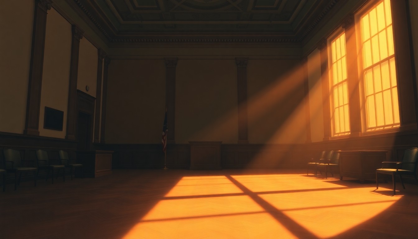 A dimly lit, cinematic painting of an empty government office or courtroom, with warm sunlight streaming in through the windows and deep shadows casting an air of tension and uncertainty over the space.