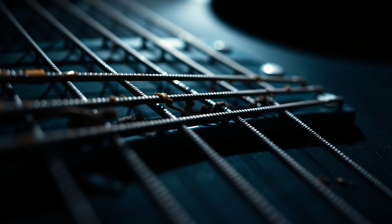 An extreme close-up photograph of the intricate textures and patterns of worn metal guitar strings, capturing the gritty, high-energy spirit of rock music and the perseverance of an artist continuing to play despite a health challenge.