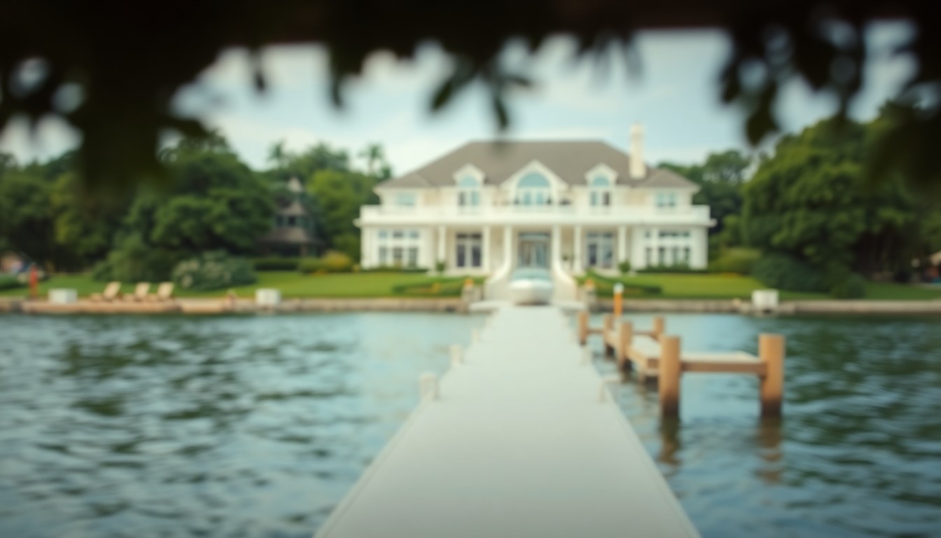 An extremely abstracted, out-of-focus photograph of a waterfront home with a boat dock and lush greenery, captured in a warm, hazy palette of soft colors, conceptually representing the high-end real estate market in Islip.
