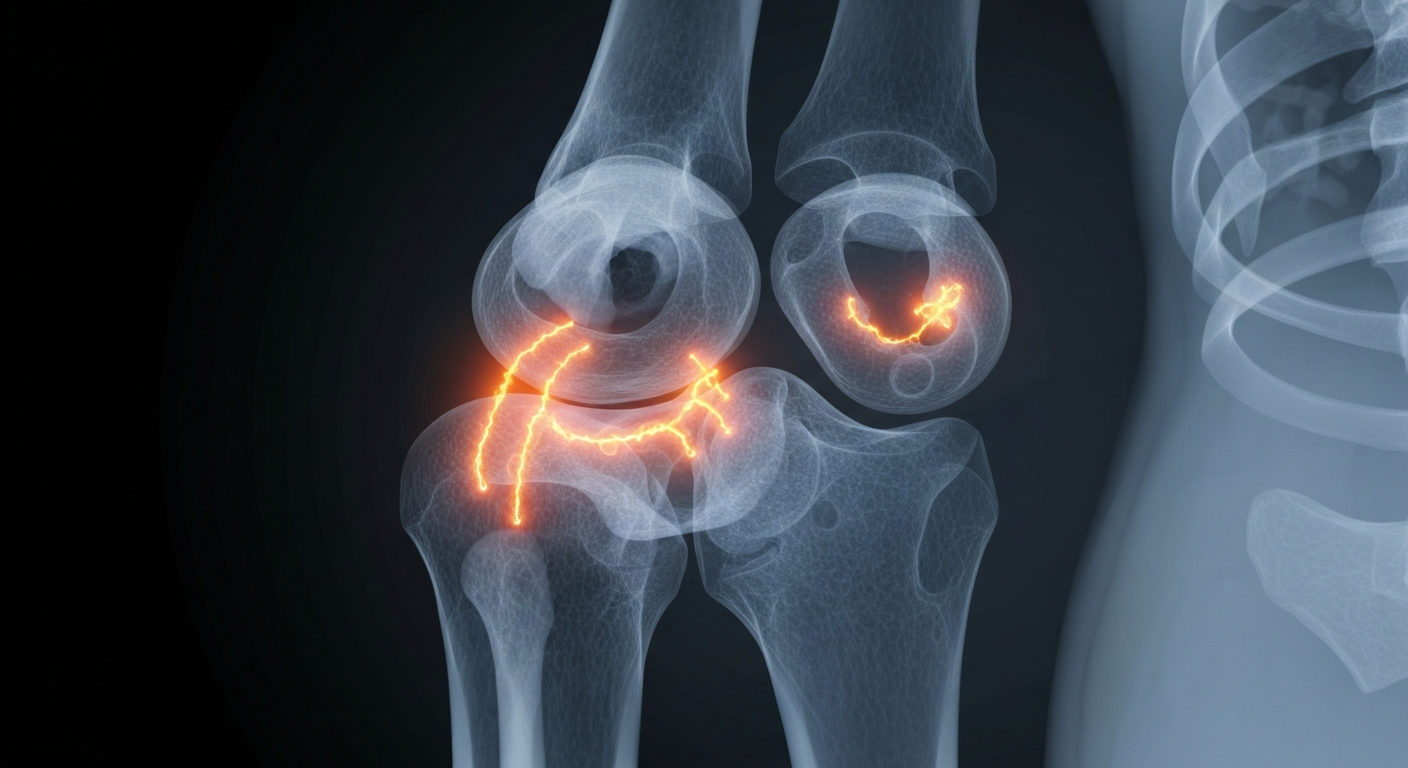 A translucent X-ray image showing the internal structure of a human joint, with signs of inflammation and distortion caused by a tenosynovial giant cell tumor. The ghostly, glowing lines trace the tumor's growth, conceptually illustrating the clinical challenges of this rare joint disease.