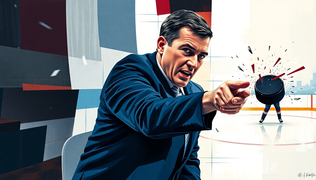 A fractured, multi-perspective painting in a cubist style, breaking down the moment a puck struck a sports coach into sharp, overlapping geometric planes, conceptually representing the vulnerability of those on the sidelines of professional sports.