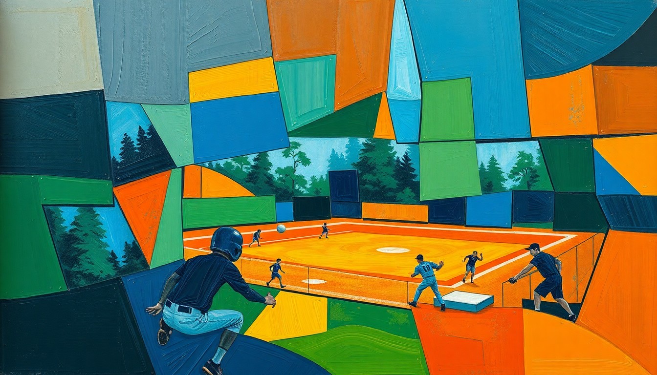 A fragmented, geometric painting in shades of blue, green, and orange, capturing the dynamic movement and intensity of a high school softball game.