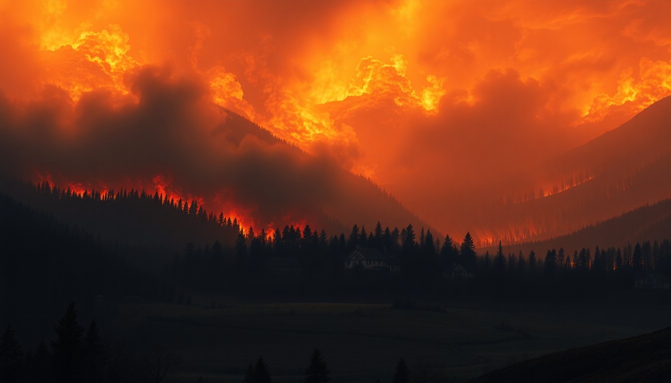 A vast, majestic landscape painting depicting a raging wildfire consuming a small townhome in the distance, dwarfed by the overwhelming power of the natural disaster. The scene uses deep, atmospheric perspective and dramatic backlighting to capture the mood of the extreme heat and smoke, conveying the sublime scale of the event.