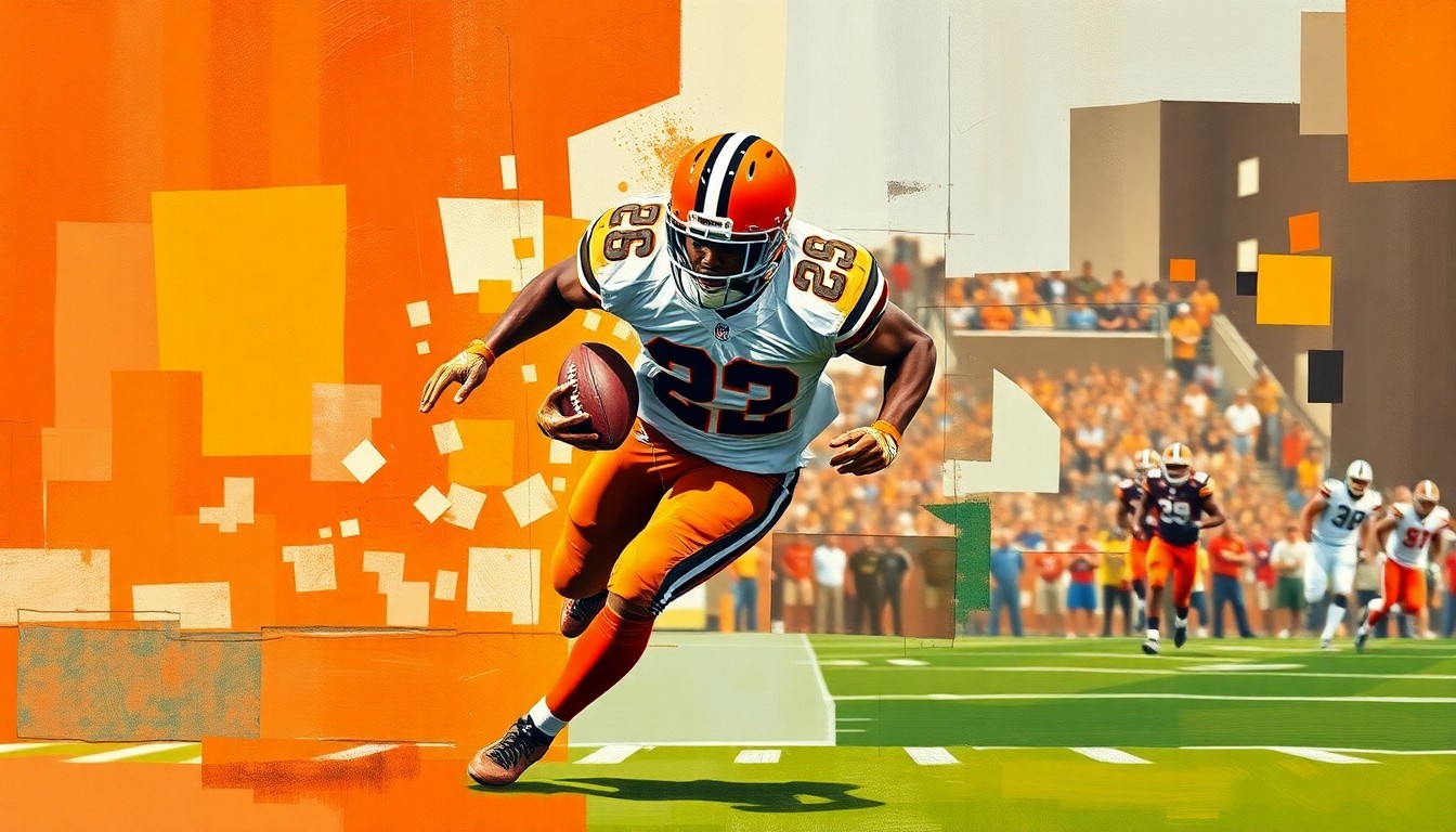 A fragmented, geometric painting depicting a running back in motion, with sharp, overlapping planes of orange and brown colors representing the Cleveland Browns' team colors.
