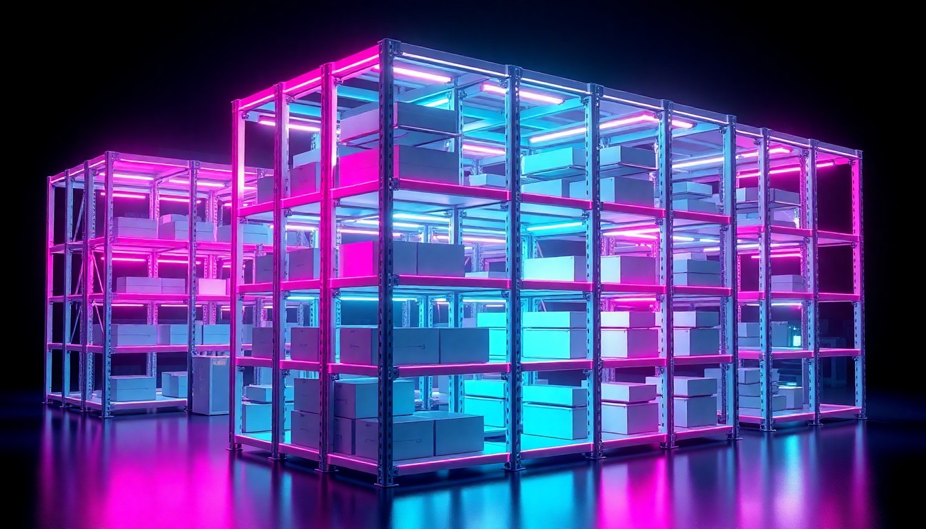 A highly detailed, glowing 3D illustration of a modular, futuristic-looking smart storage system with neon cyan and magenta lights, conceptually representing the advanced technology transforming material handling in the electronics industry.