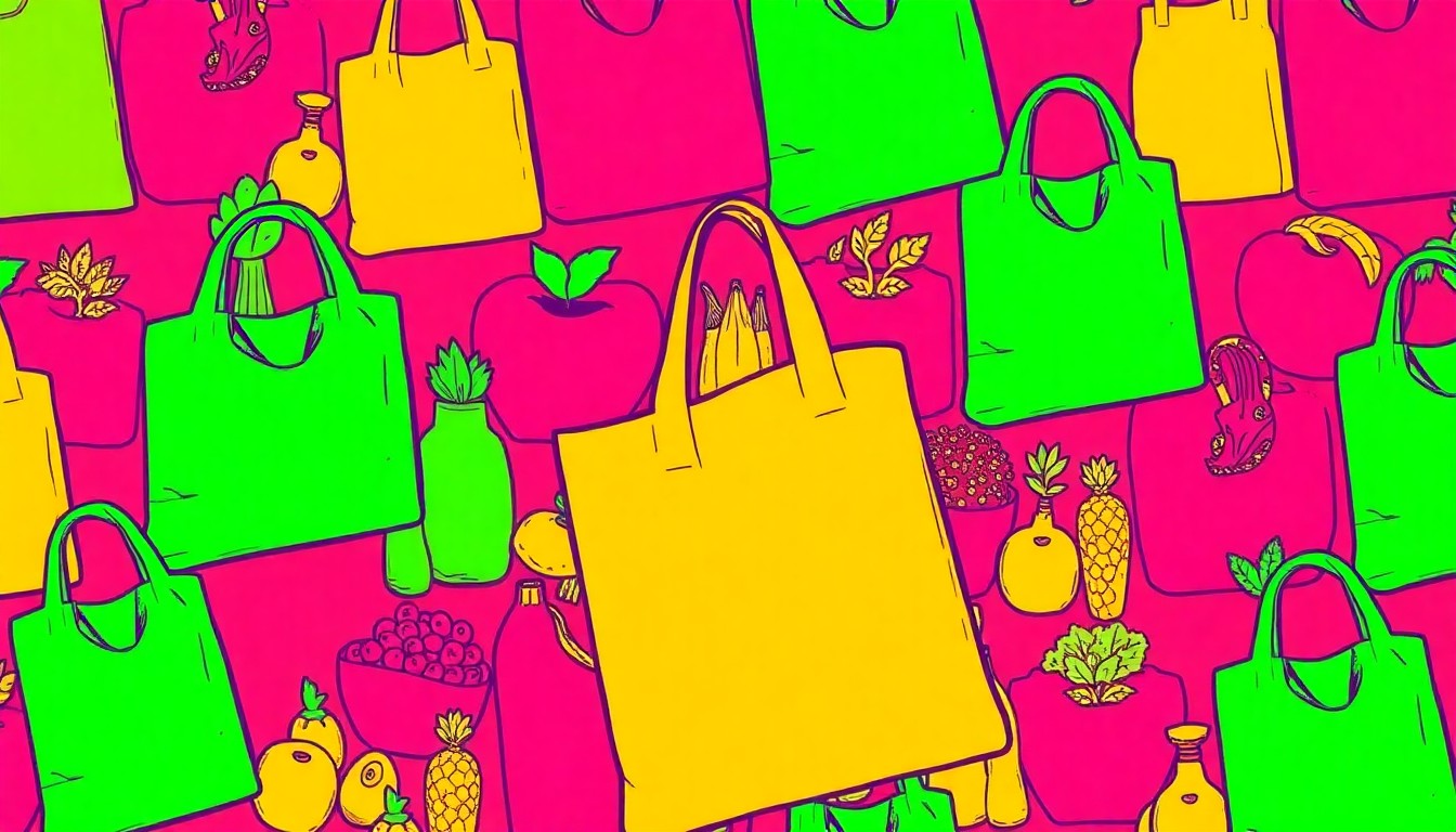A brightly colored, high-contrast silkscreen print of a reusable grocery bag in a tight grid pattern, conceptually representing the community-focused values and longevity of an independent natural food store.
