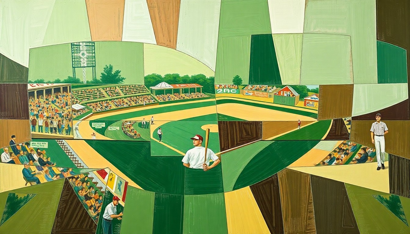 A fragmented, geometric painting depicting a high school baseball game, with sharp planes of green, brown, and white representing the field, players, and equipment.