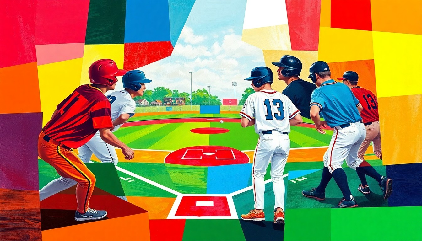 A fragmented, geometric painting depicting a high school baseball game, with sharp, overlapping planes of color representing the players, field, and equipment. The cubist style captures the dynamic energy and movement of the sport.