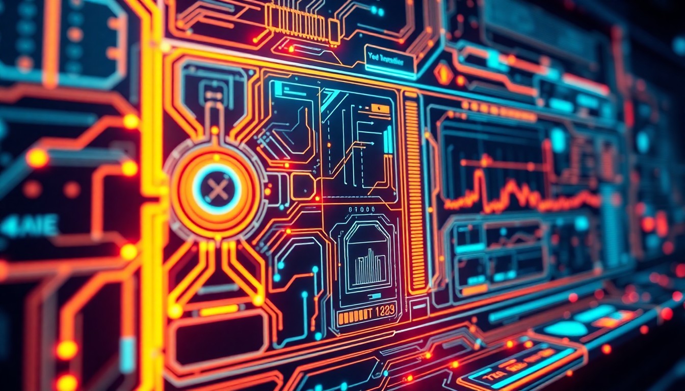 A highly detailed, glowing 3D illustration of a futuristic cybersecurity control panel with intricate circuit patterns, pulsing neon lights, and abstract data visualizations, conceptually representing the advanced AI-powered infrastructure behind SentinelOne's security platform.