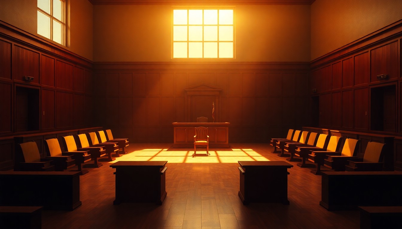 A cinematic, photorealistic painting of an empty courtroom with a single chair and desk in the center, bathed in warm, diagonal sunlight and deep shadows, conveying a sense of absence and lack of justice.