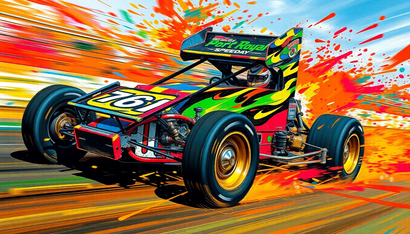 An abstract, expressionist painting in vibrant neon colors depicting the high-speed motion and raw energy of a sprint car race, with the car and driver's details blurred into a dynamic, energetic composition.