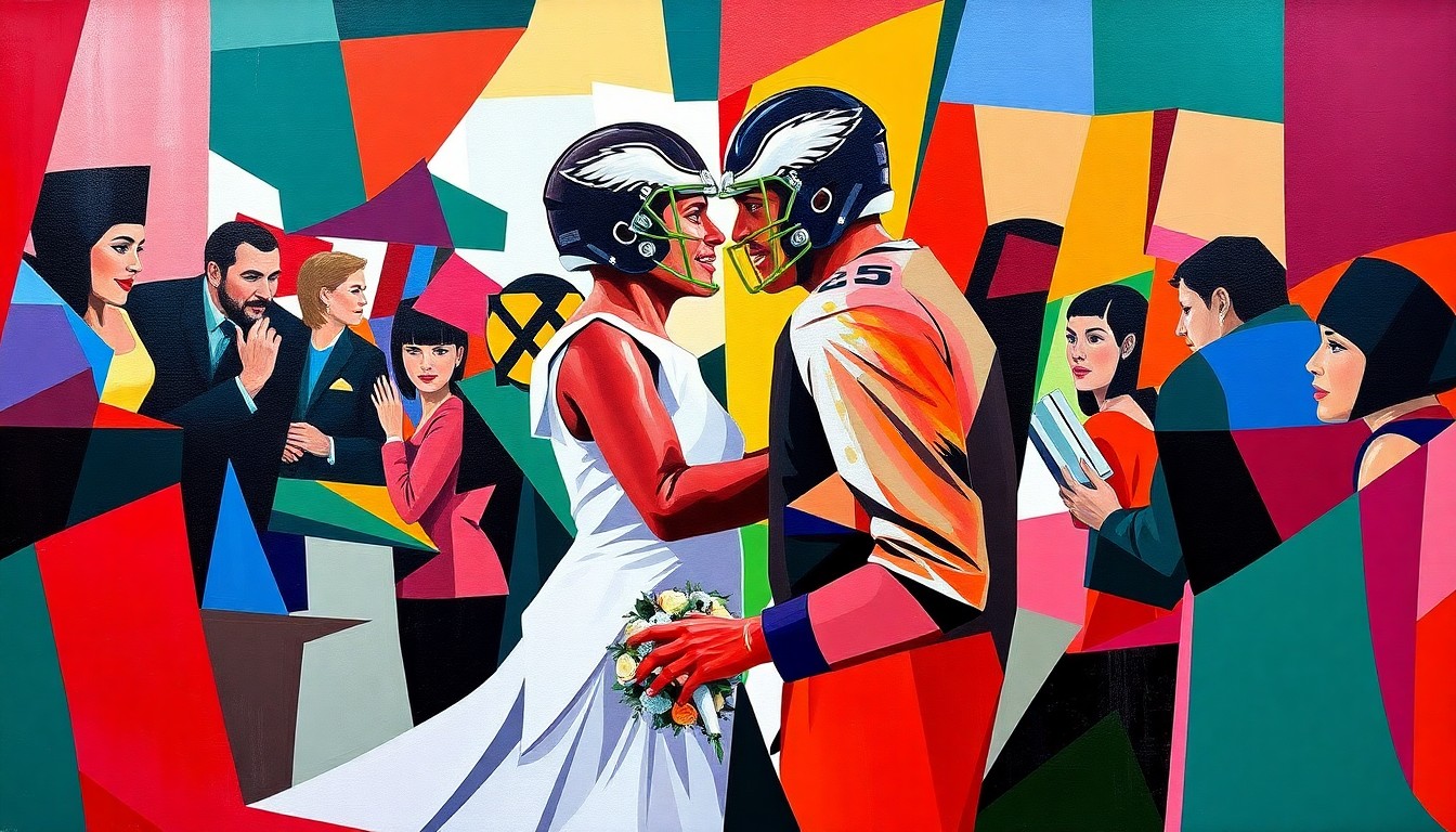 A cubist, geometric painting in vibrant shades of green, silver, and black, depicting the fragmented and overlapping elements of a wedding celebration, conceptually representing the personal life of a professional football player.