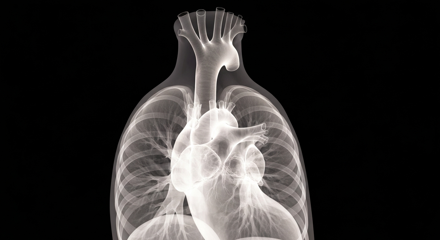 A ghostly, translucent X-ray photograph revealing the intricate structures of the human heart and lungs, conceptually illustrating the potential health concerns associated with the intense 75 Hard fitness challenge.