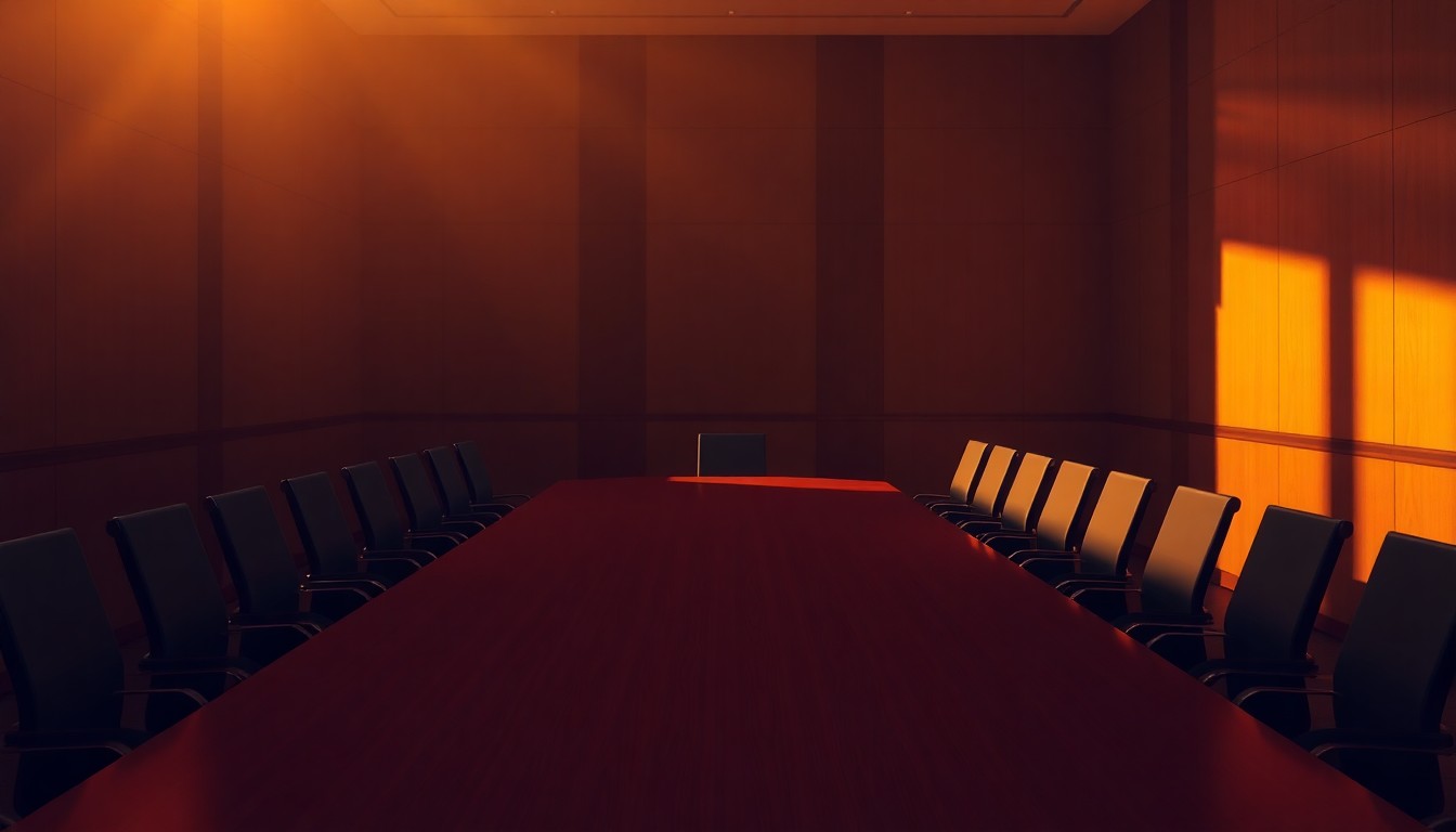 A dimly lit, cinematic painting of an empty conference room table, with warm sunlight streaming in through a window and casting deep shadows across the surface, conveying a sense of absence and isolation.