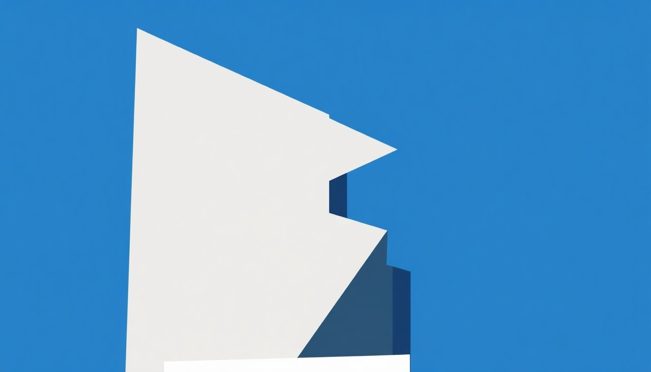 An abstract, minimalist illustration featuring sharp, geometric shapes in shades of blue, grey, and white, representing the architectural contrast and fusion of the New Museum's expansion.