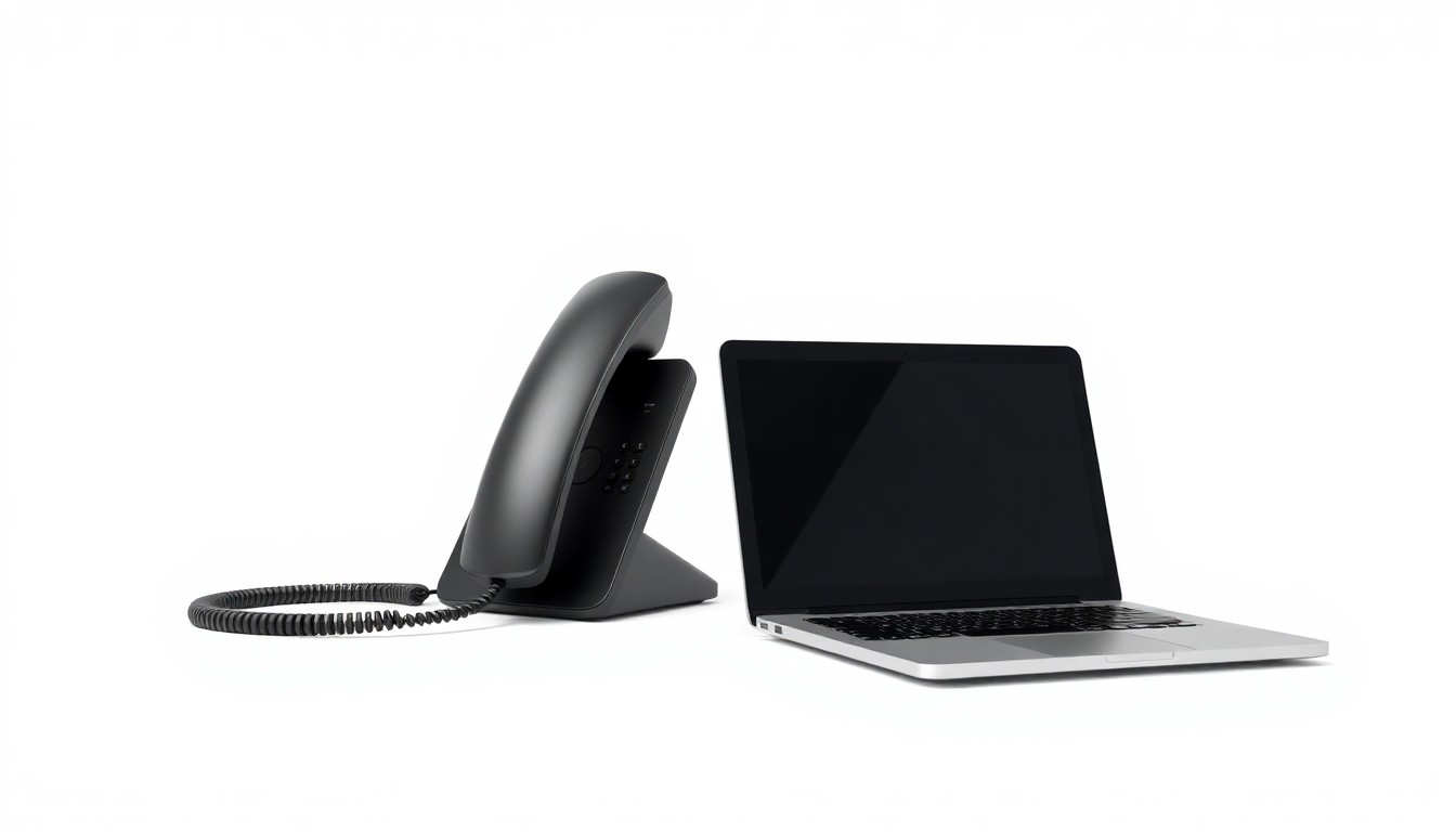 A high-end, photorealistic studio still-life photograph featuring a sleek, modern desk phone and a laptop computer arranged elegantly on a clean, white seamless background, conceptually representing the premium quality and advanced technology of CallTower's cloud communications solutions.