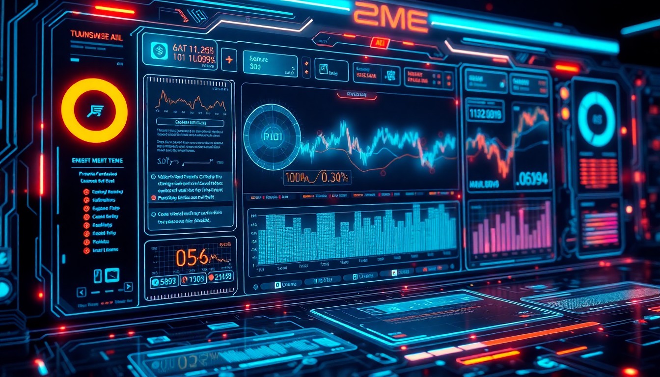 A highly detailed, glowing 3D illustration of a futuristic financial dashboard interface, featuring holographic data visualizations, neon-lit circuit boards, and luminescent data streams, conceptually representing the advanced technology powering Zoonova AI's Alpha platform.