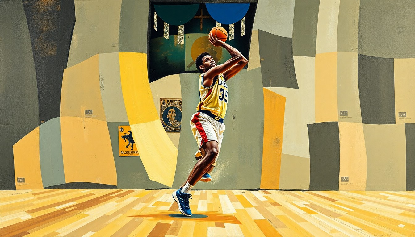 A cubist-style painting depicting a basketball player in motion, broken down into sharp, overlapping geometric shapes and planes, conveying the fragmented nature of the player's injury and recovery.