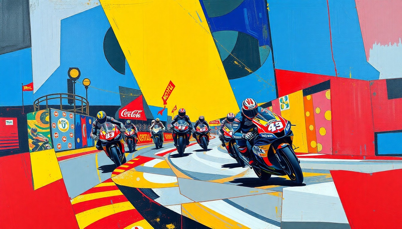 A cubist, geometric painting depicting a fractured, multi-angled view of a MotoGP race scene, with vibrant colors of red, blue, and yellow representing the high-energy competition between the Ducati and Aprilia teams.
