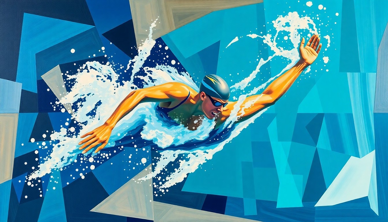 A cubist, geometric painting depicting a fragmented, multi-angled view of a swimmer in motion, with sharp planes of deep blue, teal, and white representing the water and athletic movement.