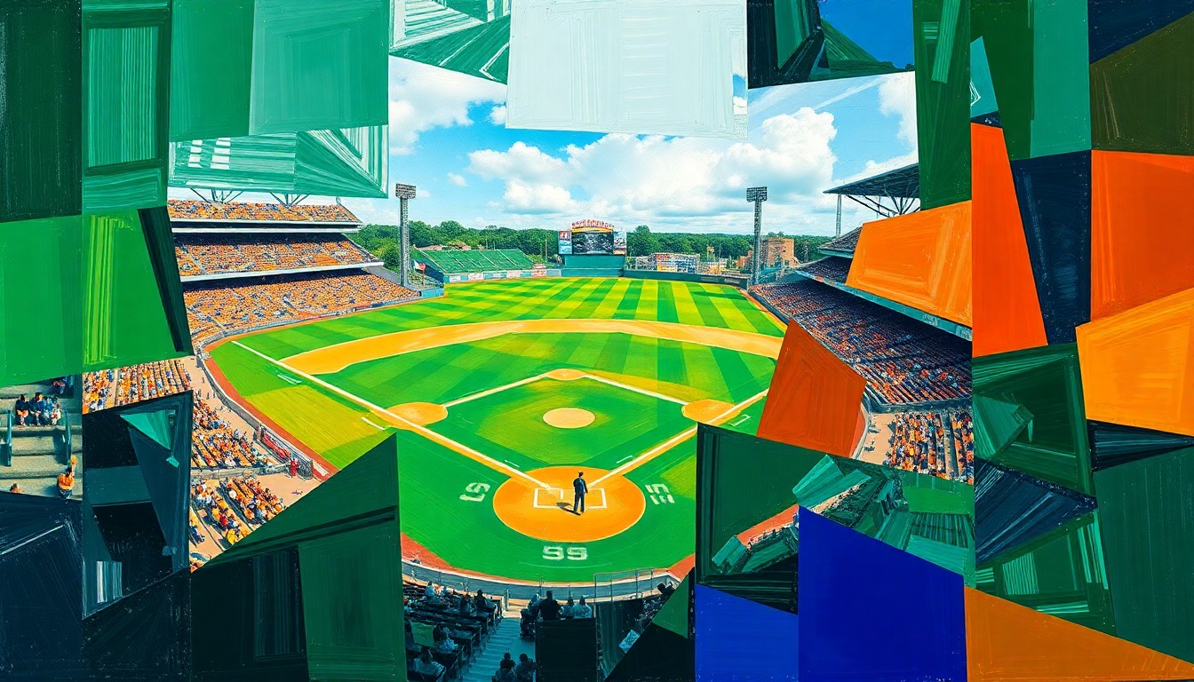 A cubist-style painting featuring overlapping geometric shapes and planes of green, blue, and orange, capturing the dynamic action and competitive spirit of a high school baseball game.
