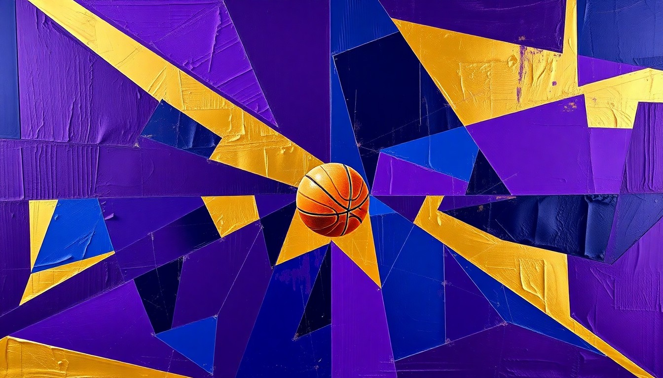 A cubist-style painting featuring sharp, overlapping geometric shapes in deep purple, navy blue, and metallic gold, conceptually representing the fragmented and chaotic nature of the Kings' dismal season.