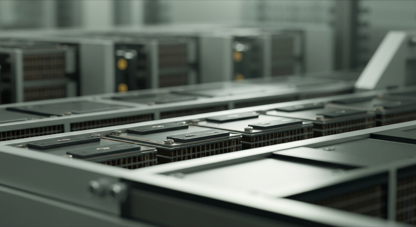 A highly detailed, black-and-white close-up image of complex battery cell components and industrial manufacturing equipment, conveying the technical sophistication and production capabilities of Solid Power's operations.