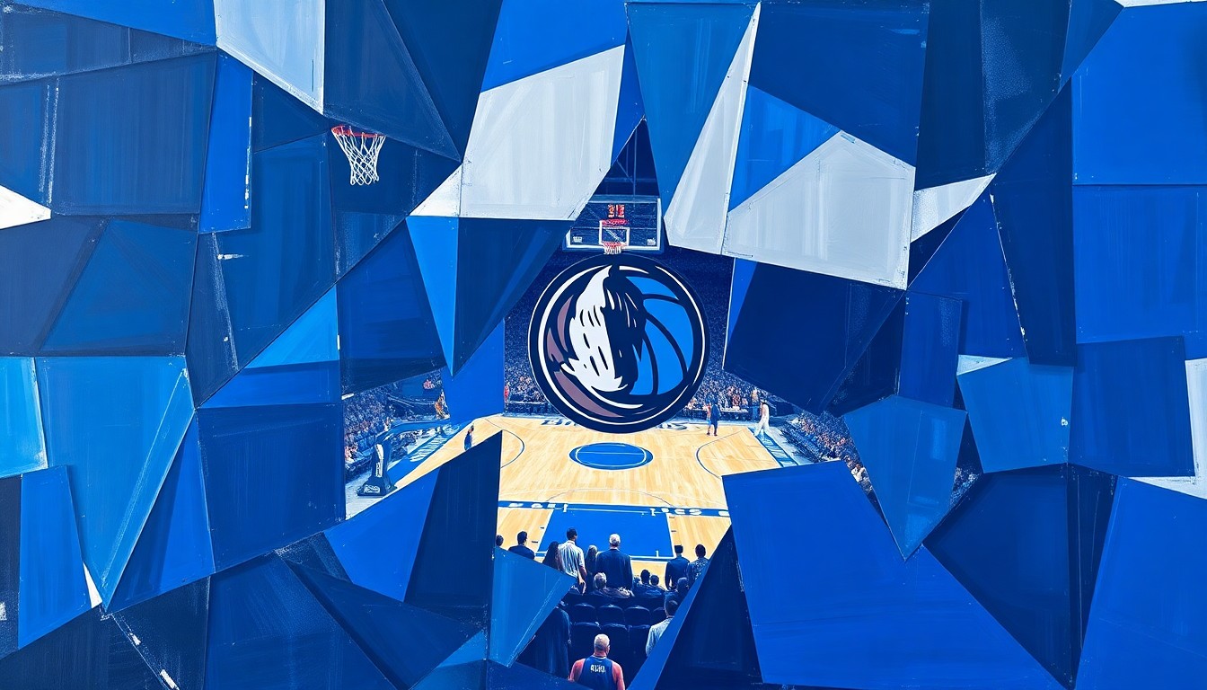 Lukisan gaya kubist yang menggambarkan pertandingan bola basket Dallas Mavericks, dengan pemain dan lapangan dipecah menjadi bentuk geometris tajam dalam nuansa biru dan perak.