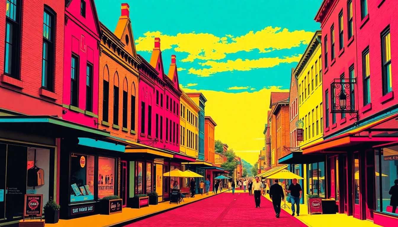 A brightly colored, high-contrast silkscreen print depicting a quaint downtown street scene with historic buildings, local shops, and pedestrians, rendered in a bold, abstract pop art style using flat, unnatural colors and heavy black outlines.
