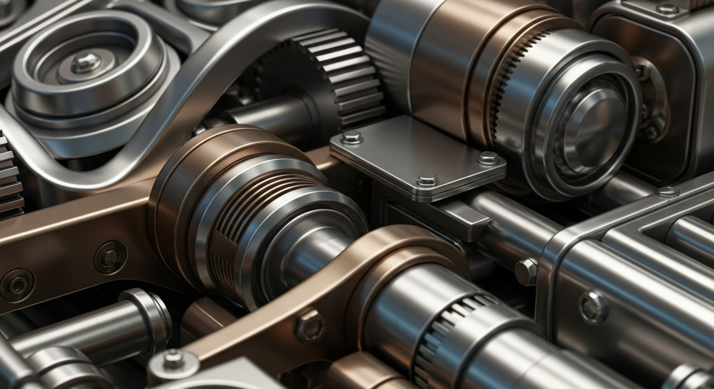 An extreme close-up of intricate, interlocking metal gears and mechanisms, conveying the complex inner workings of the banking industry in a conceptual, non-literal way.