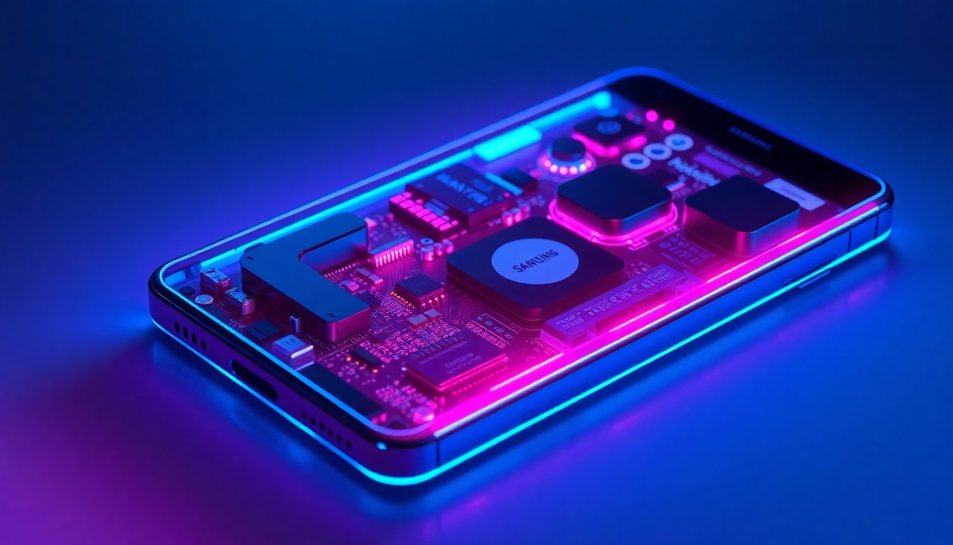 A highly detailed, glowing 3D illustration of the internal hardware components of a Samsung Galaxy S26 Ultra smartphone display, with neon cyan and magenta lights illuminating the pulsating, flickering screen, conceptually representing the accessibility issues with the device's low PWM rate.