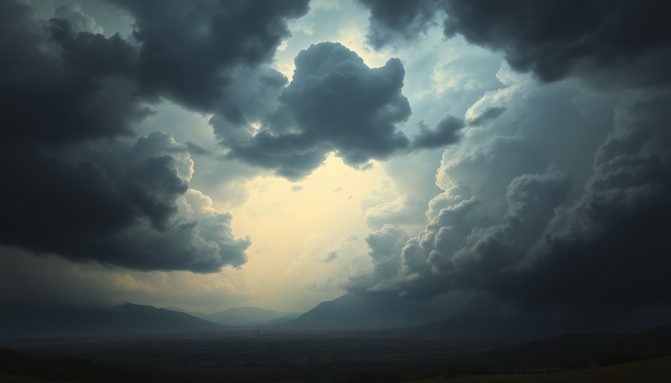 A sweeping, atmospheric landscape painting in muted tones, with dramatic clouds and lighting obscuring the details of a small town in the distance, conveying the overwhelming scale and power of an approaching severe thunderstorm.