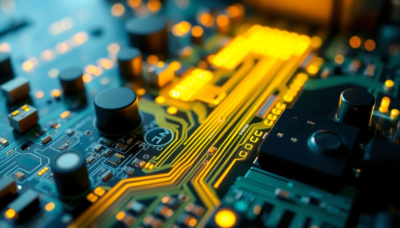 A highly detailed, glowing 3D illustration of a complex circuit board with illuminated traces and components, representing the advanced technologies developed by KYZEN to address electronics cleaning needs.