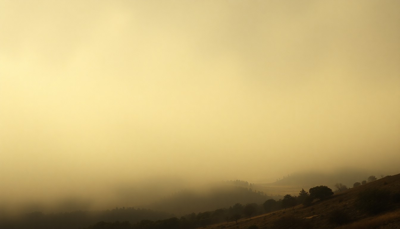 A vast, atmospheric landscape painting depicting a hazy, dust-filled sky obscuring the horizon and dwarfing any visible structures or vegetation, conveying the overwhelming scale and sublime power of the natural forces behind the dangerous air quality crisis.