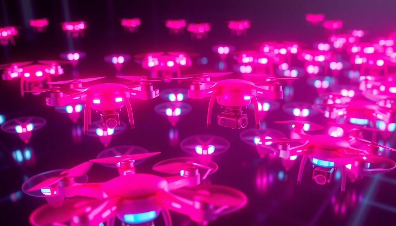 A highly detailed, glowing 3D illustration of a swarm of small drones illuminated by neon cyan and magenta lights, conceptually representing the digital infrastructure and physical hardware needed to defend against aerial threats.