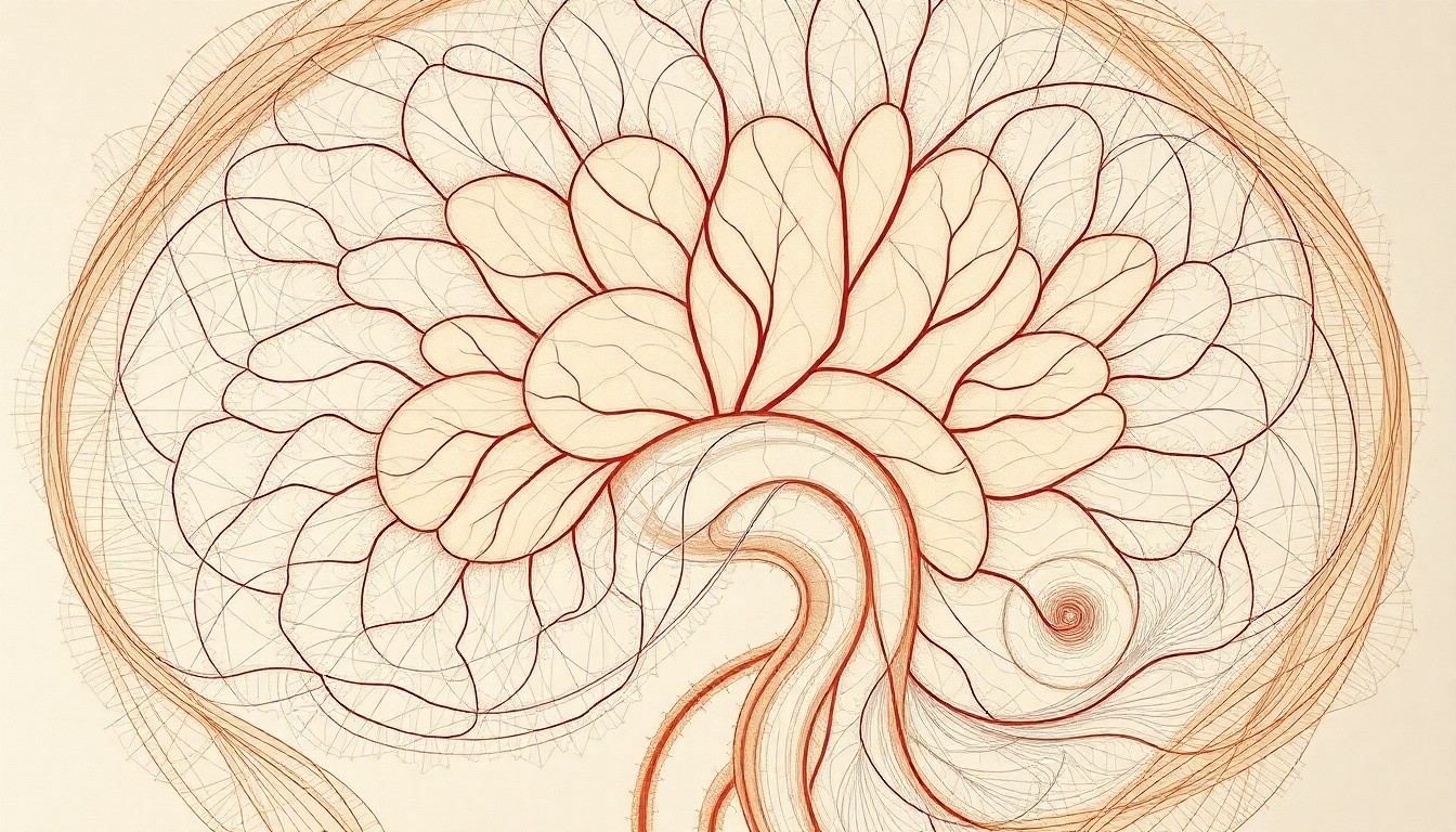 A highly structured, abstract painting in soft, earthy tones depicting the complex, interconnected patterns of the brain's microvascular system, conveying the intricate structure and function of this vital network.