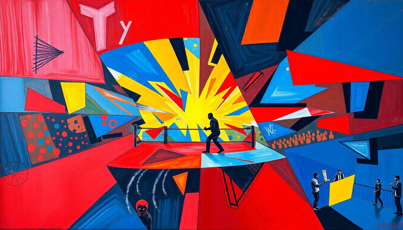 A fractured, multi-perspective painting featuring sharp, overlapping geometric planes in a vibrant color palette, conceptually representing the high-intensity action and spectacle of a WrestleMania event.