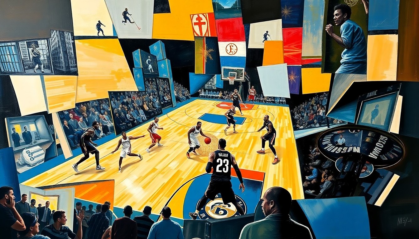 A cubist, geometric painting depicting the action and energy of a basketball game, with fragmented, overlapping planes of color and form representing the players' movements and the competitive spirit of the contest.