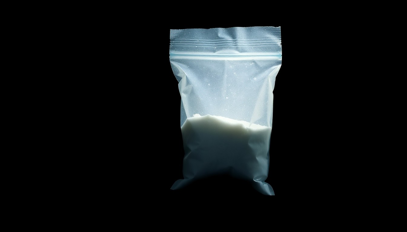 An extreme close-up photograph of a small plastic bag containing white powder, lit by a harsh, direct camera flash against a pitch-black background, conceptually representing the evidence seized in a major drug trafficking investigation.