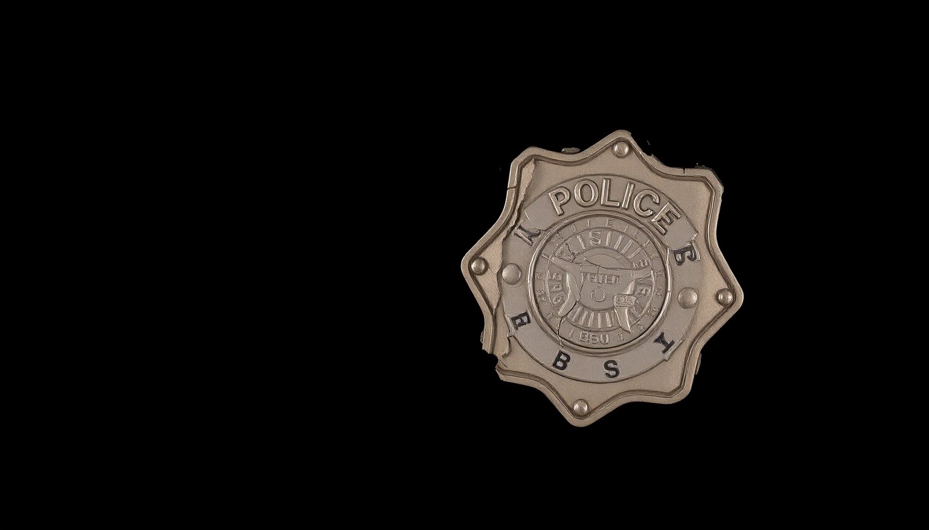 An extreme close-up photograph of a cracked and damaged police badge against a pitch-black background, conveying the gritty, investigative nature of the story through stark lighting and dramatic details.
