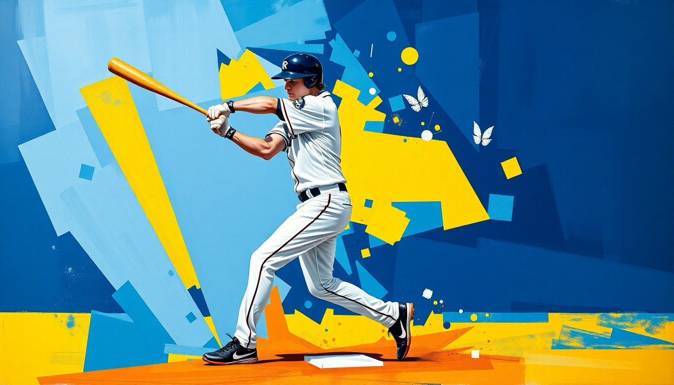 A cubist, geometric illustration depicting a baseball player's batting and base-stealing motions, with sharp, overlapping planes in the Rays' team colors of navy blue, powder blue, and yellow.