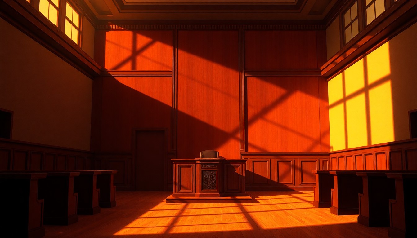 A quiet, cinematic painting of an empty courtroom with a lone judge's chair and podium, bathed in warm, diagonal sunlight and deep shadows, conceptually representing the erosion of due process in the immigration courts.