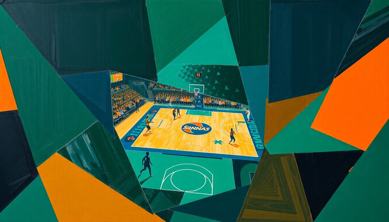 A fractured, cubist-style painting depicting the chaotic energy of a WNBA basketball game, with sharp geometric shapes in navy, green, and orange overlapping to create a dynamic, abstract visual representation of the sport.