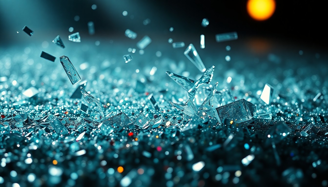 An abstract close-up photograph of shattered glass and glittering sequins, conveying the fragility and glamour of the music industry.