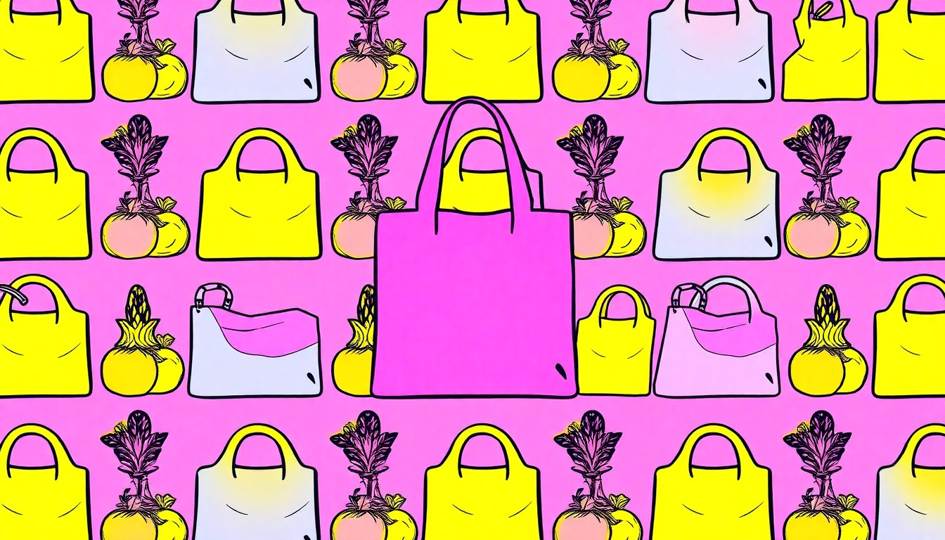 A brightly colored, high-contrast silkscreen print of a reusable grocery bag repeated in a tight grid pattern, conceptually representing the iconic natural foods co-op and its commitment to sustainable consumer habits.