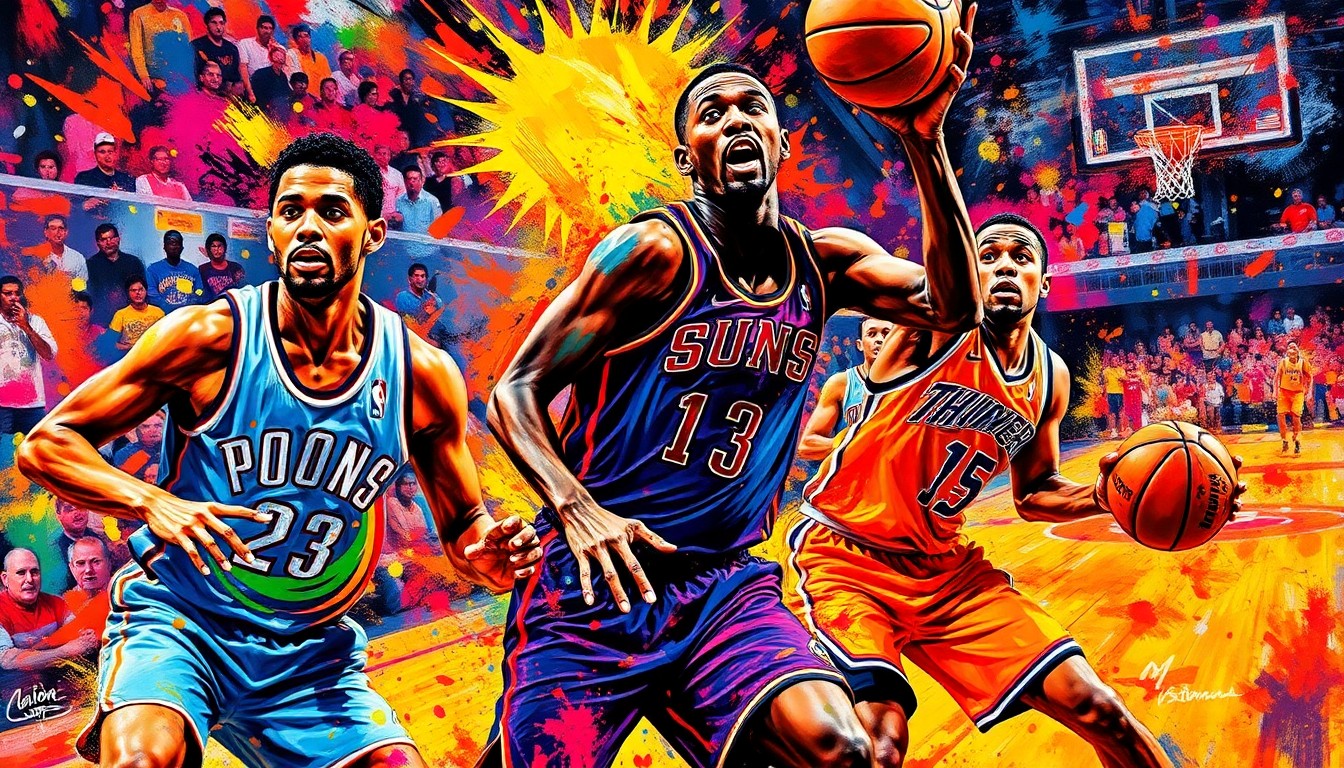 An abstract, expressionist painting featuring vibrant, energetic brushstrokes in neon shades of orange, yellow, and blue, capturing the fast-paced action and raw athleticism of a basketball game between the Phoenix Suns and Oklahoma City Thunder.