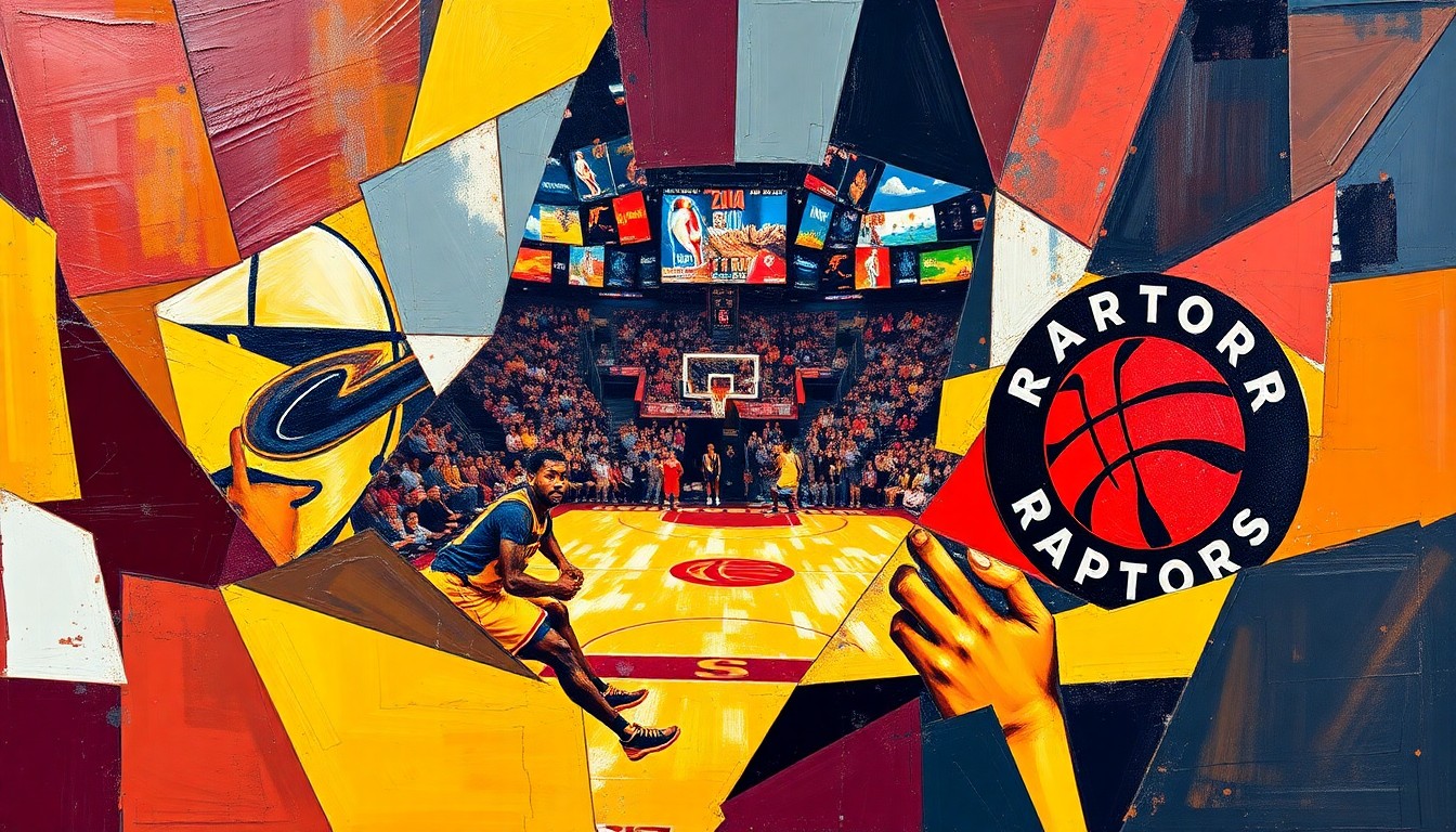 A fractured, geometric painting depicting a basketball game between two teams, with sharp planes of color representing the dynamic action on the court.